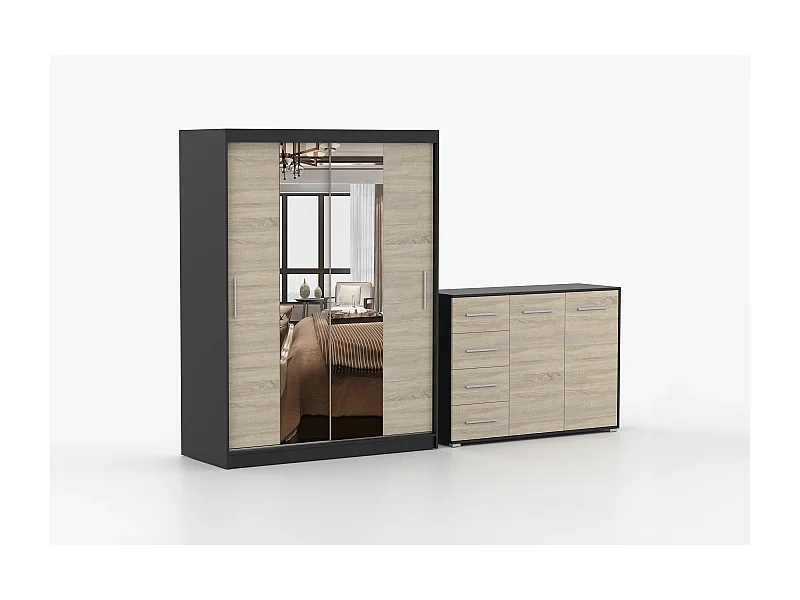 Ensemble armoire Aenora et commode Ilario - Noir - Chêne