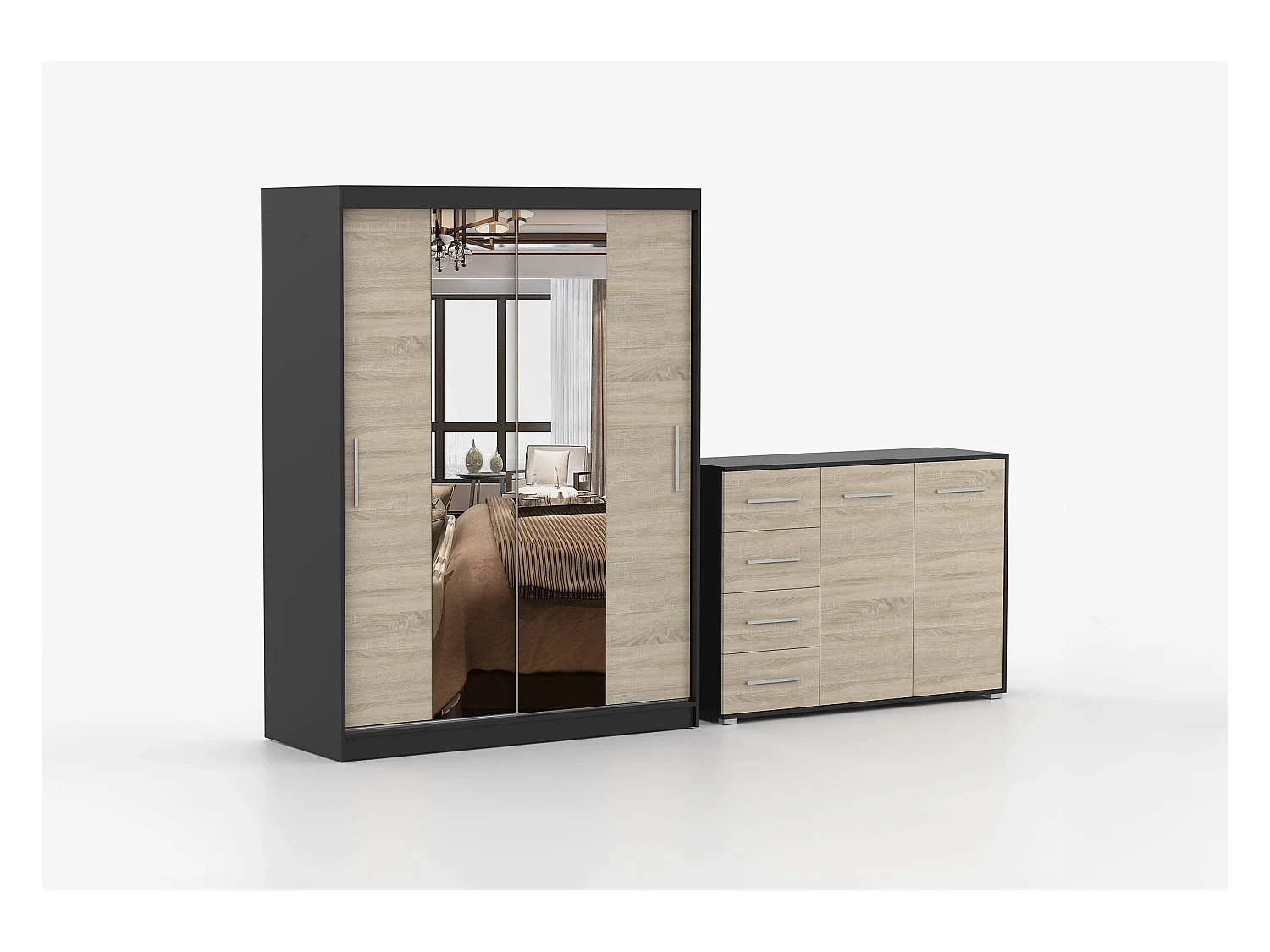 Ensemble armoire Aenora et commode Ilario - Noir - Chêne