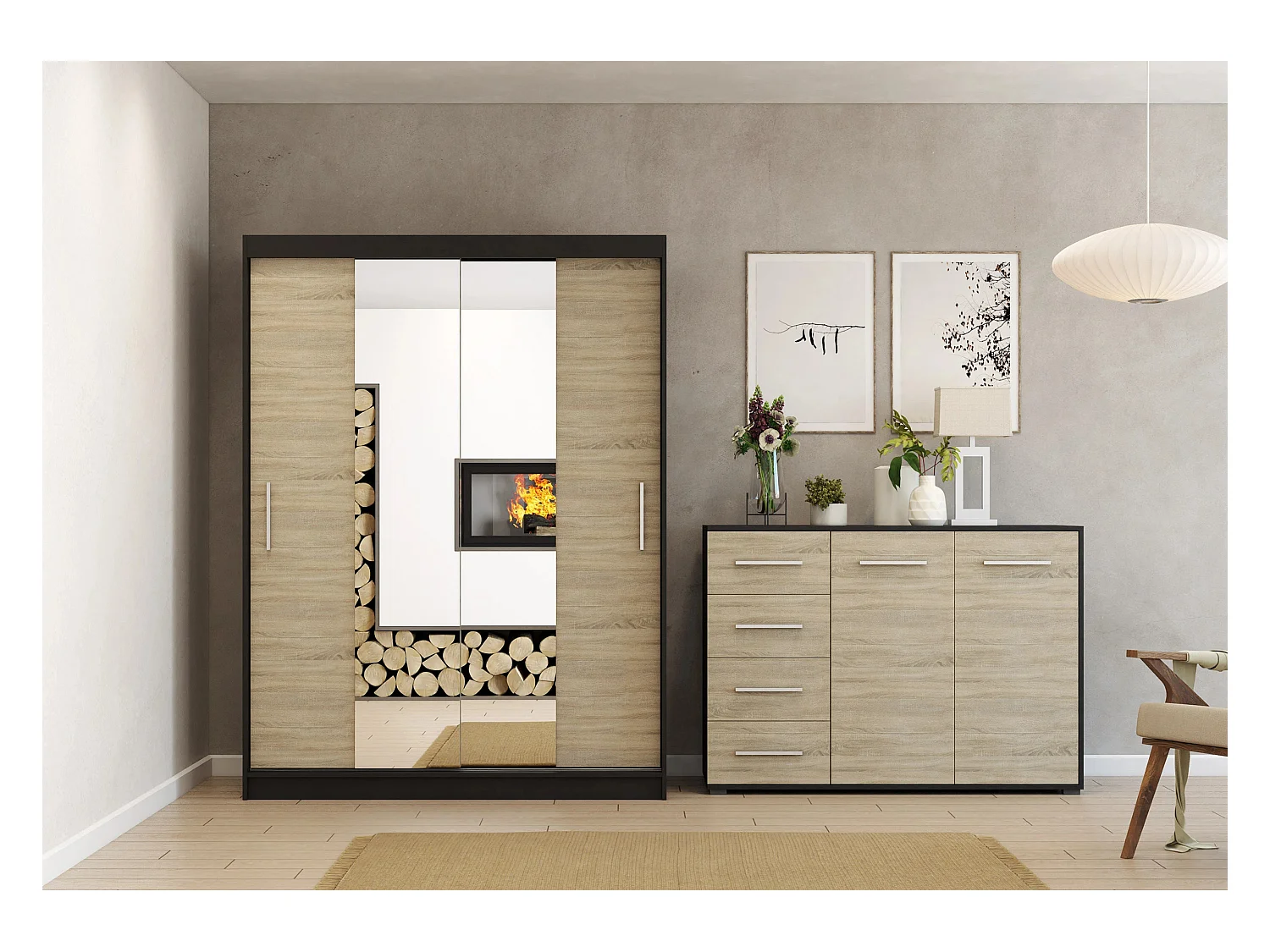 Ensemble armoire Aenora et commode Ilario - Noir - Chêne