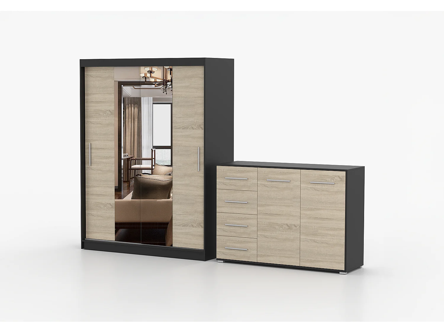 Ensemble armoire Aenora et commode Ilario - Noir - Chêne