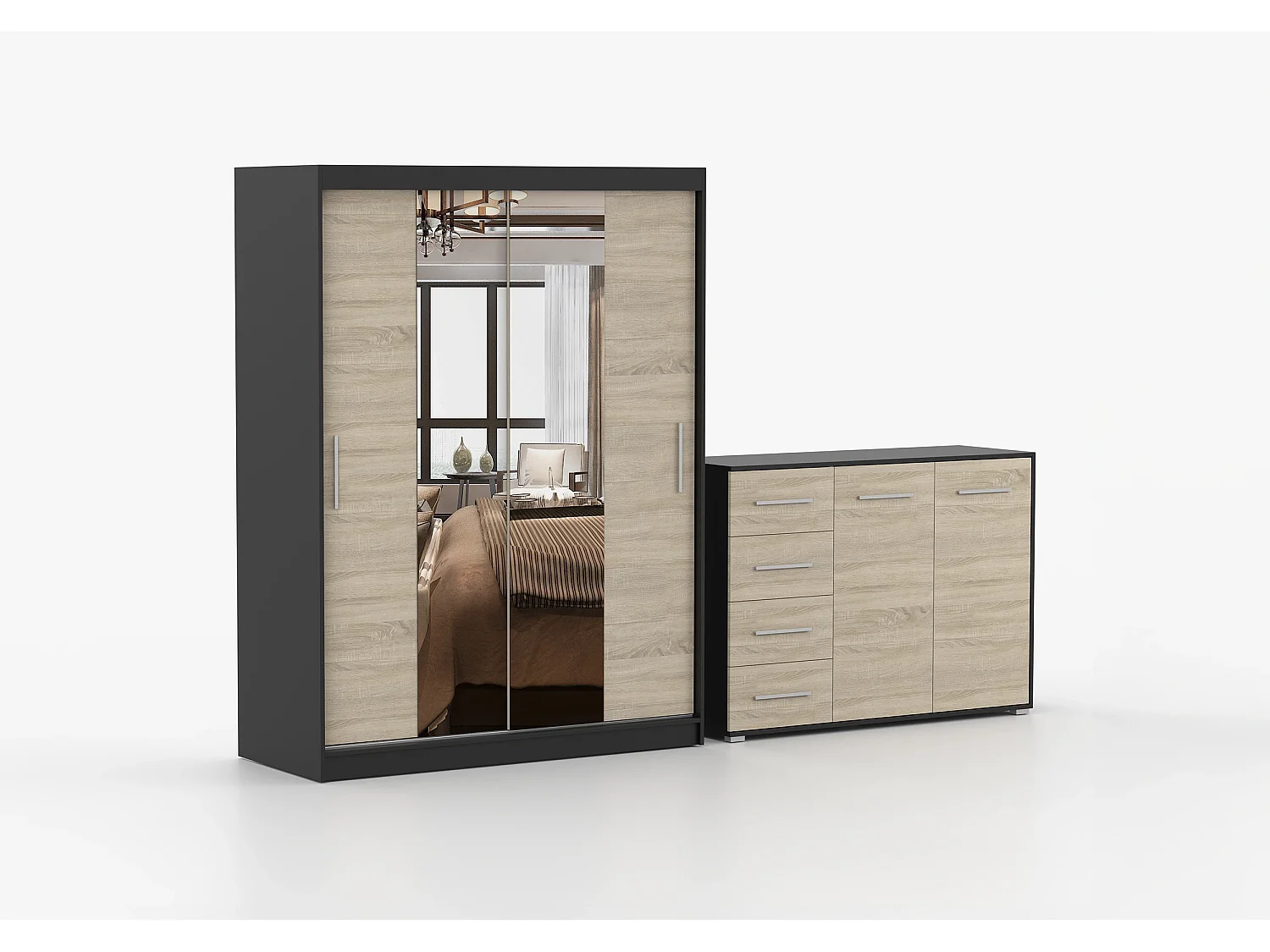 Ensemble armoire Aenora et commode Ilario - Noir - Chêne