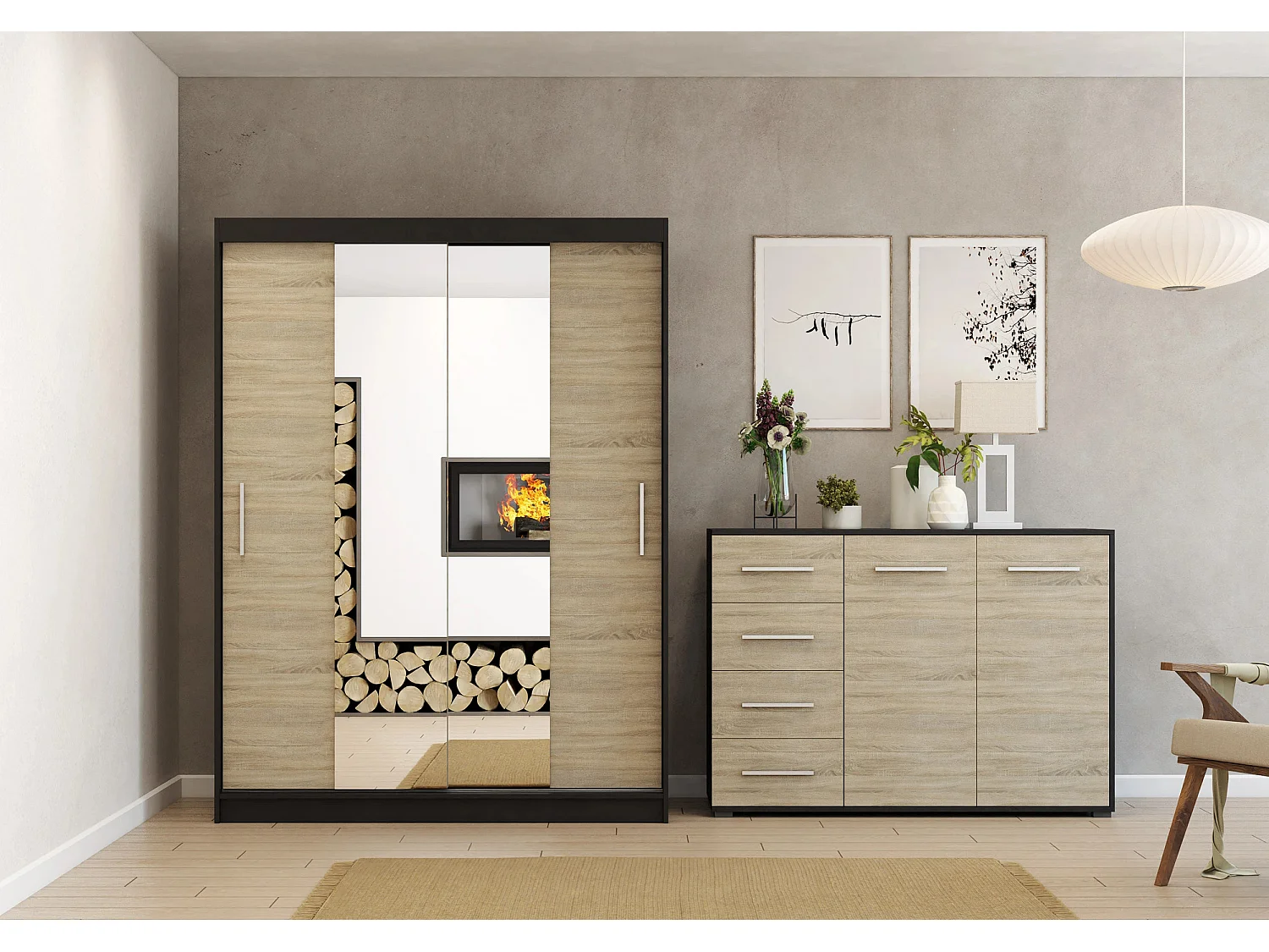 Ensemble armoire Aenora et commode Ilario - Noir - Chêne