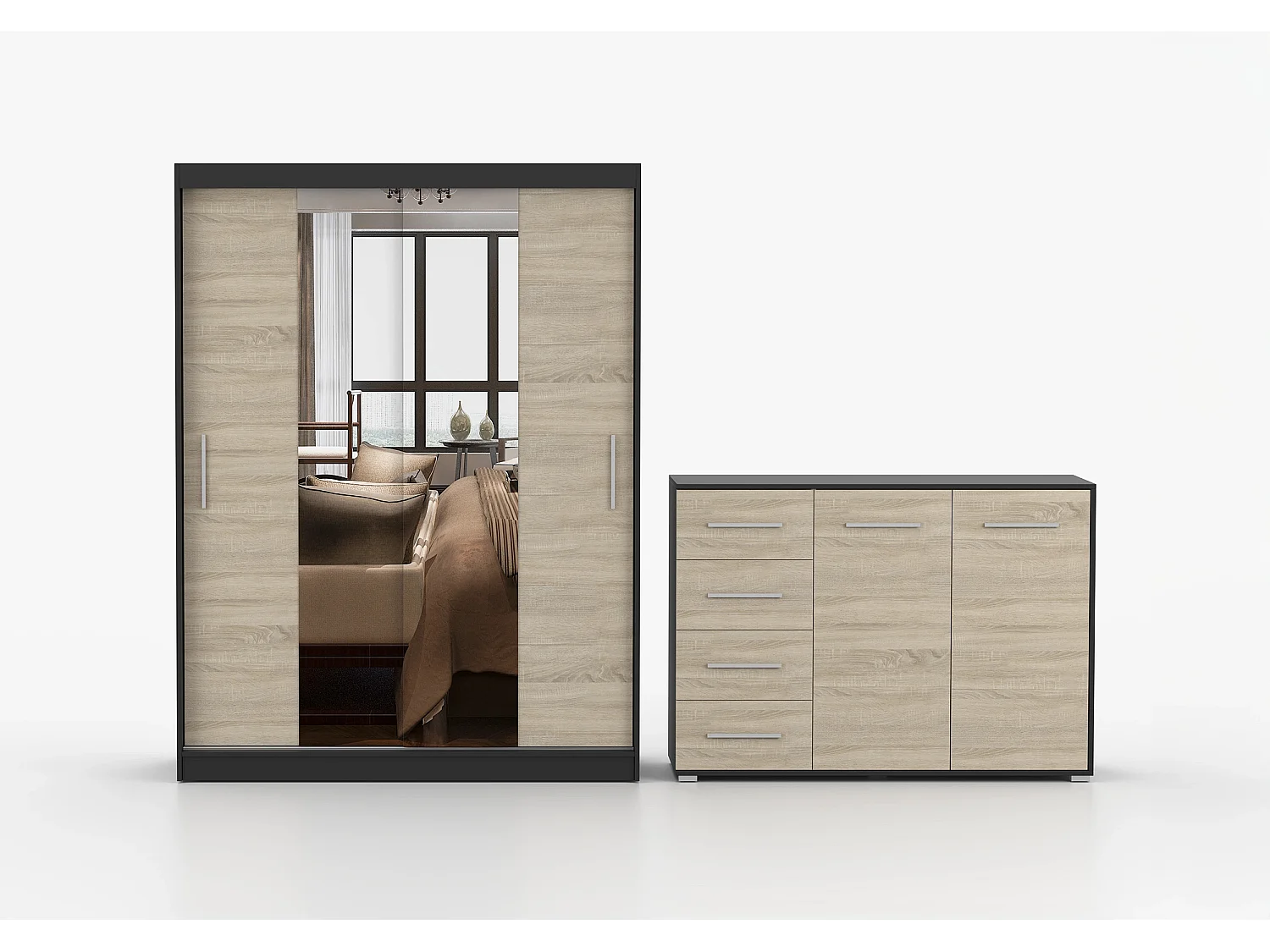 Ensemble armoire Aenora et commode Ilario - Noir - Chêne