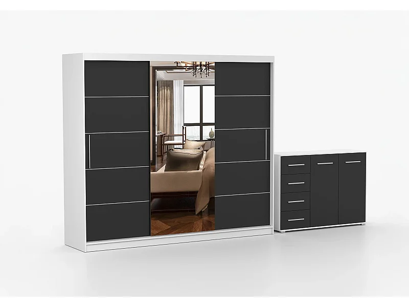 Ensemble armoire Theana et commode Ilario avec miroir - Blanc - Noir