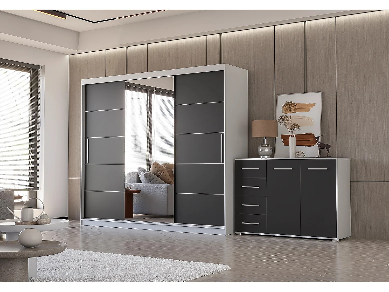 Ensemble armoire Theana et commode Ilario avec miroir - Blanc - Noir