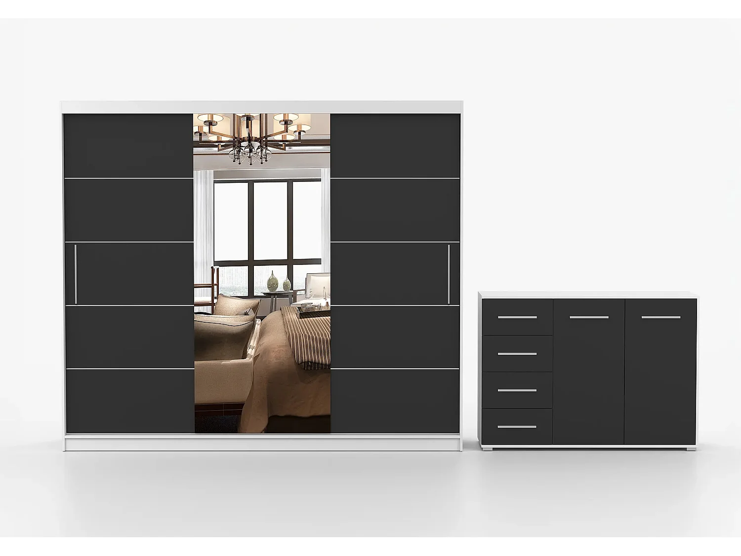 Ensemble armoire Theana et commode Ilario avec miroir - Blanc - Noir