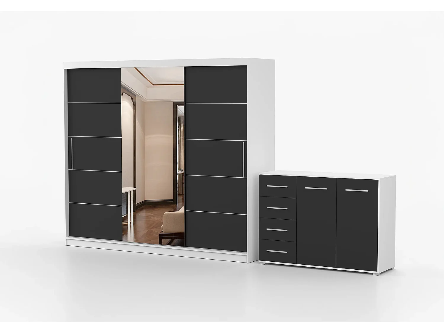 Ensemble armoire Theana et commode Ilario avec miroir - Blanc - Noir