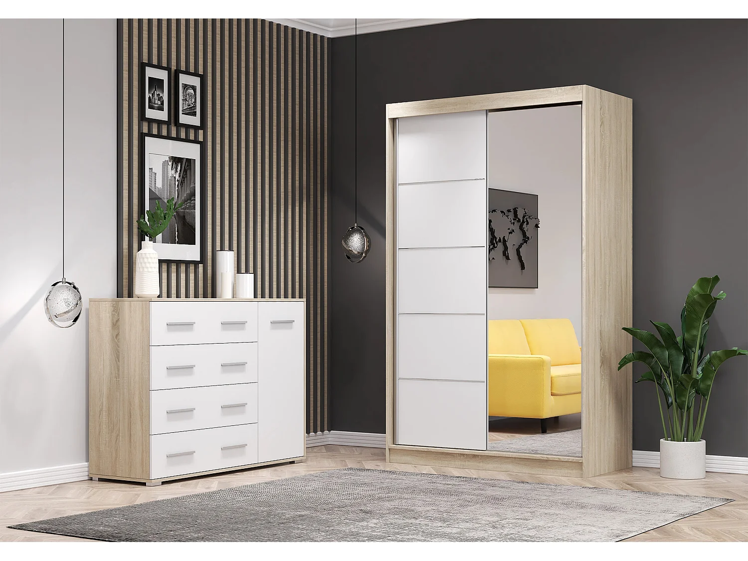 Ensemble armoire Syra et commode Ilario avec miroir - Chêne - blanc