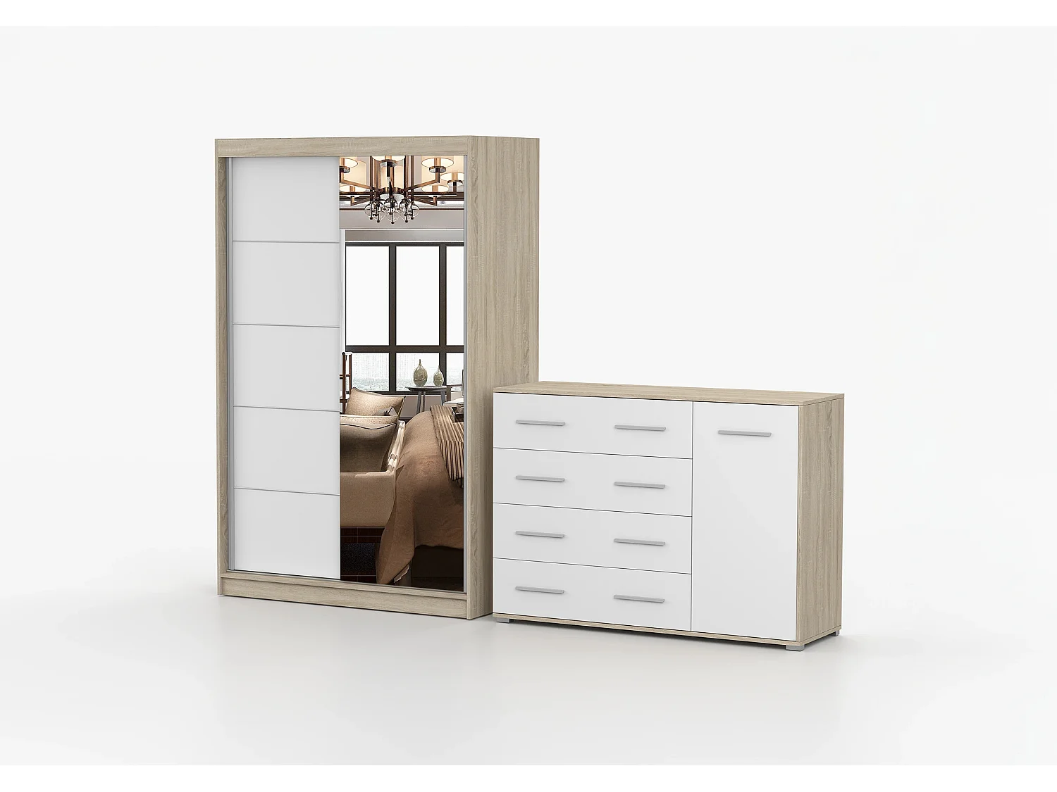 Ensemble armoire Syra et commode Ilario avec miroir - Chêne - blanc