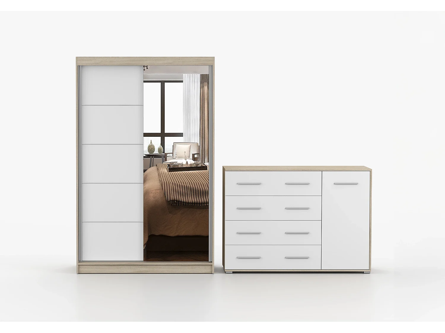 Ensemble armoire Syra et commode Ilario avec miroir - Chêne - blanc