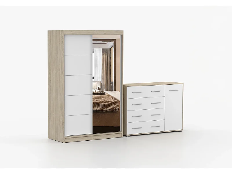 Ensemble armoire Syra et commode Ilario avec miroir - Chêne - blanc
