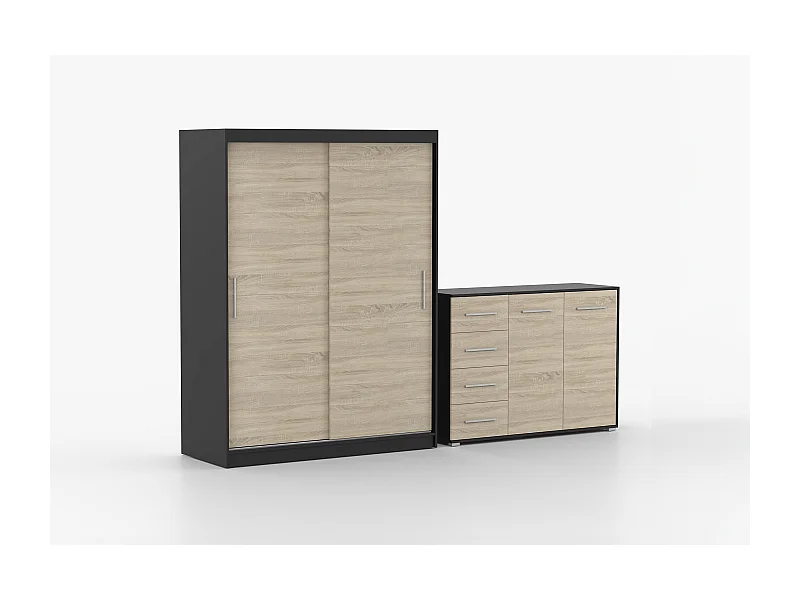 Ensemble armoire Elsinore et commode Ilario - Noir - Chêne