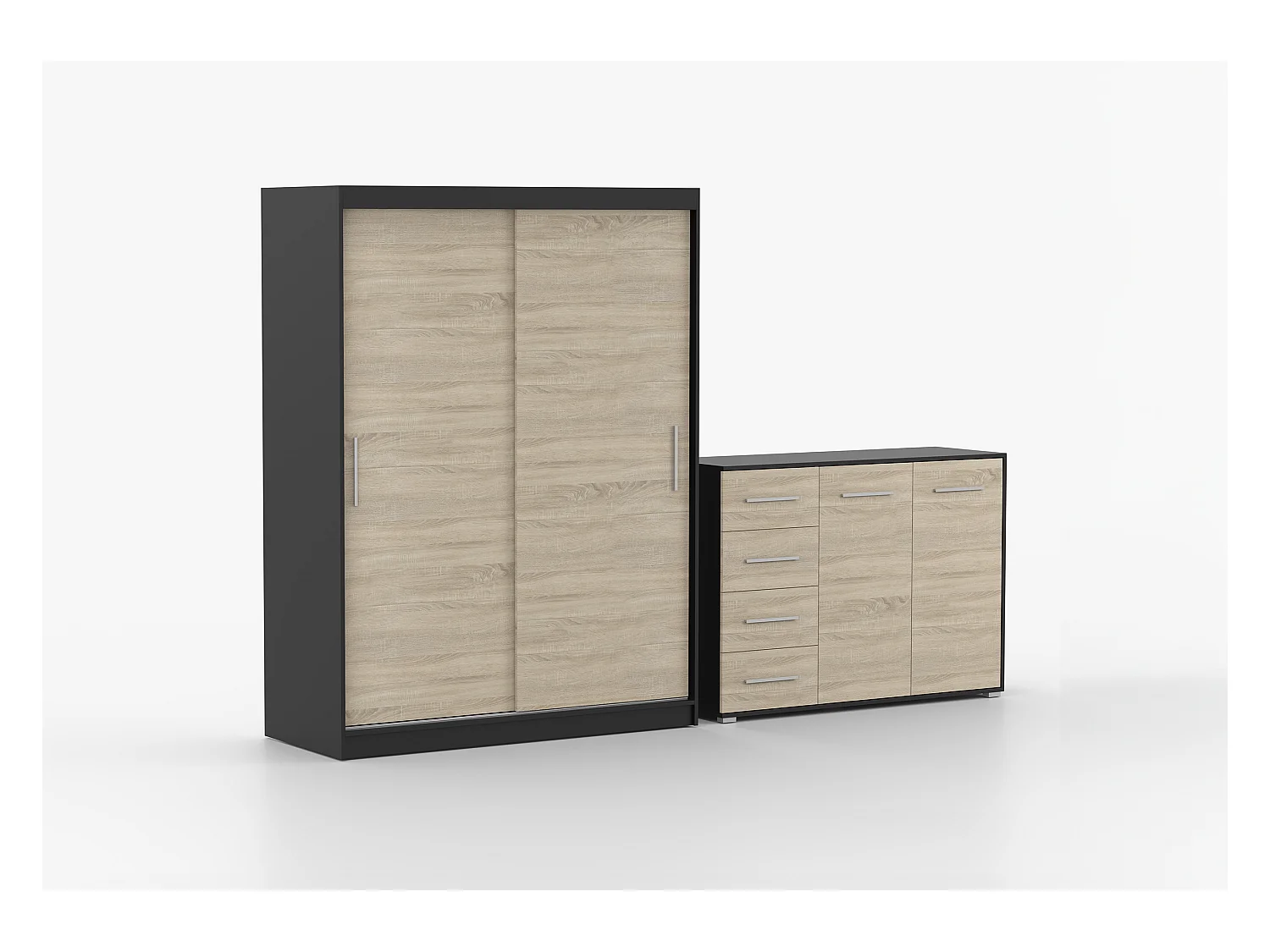 Ensemble armoire Elsinore et commode Ilario - Noir - Chêne
