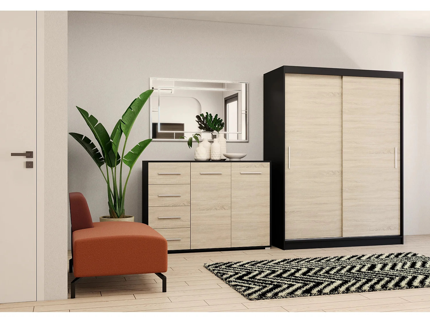 Ensemble armoire Elsinore et commode Ilario - Noir - Chêne