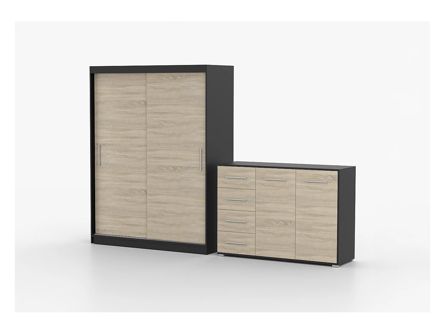 Ensemble armoire Elsinore et commode Ilario - Noir - Chêne