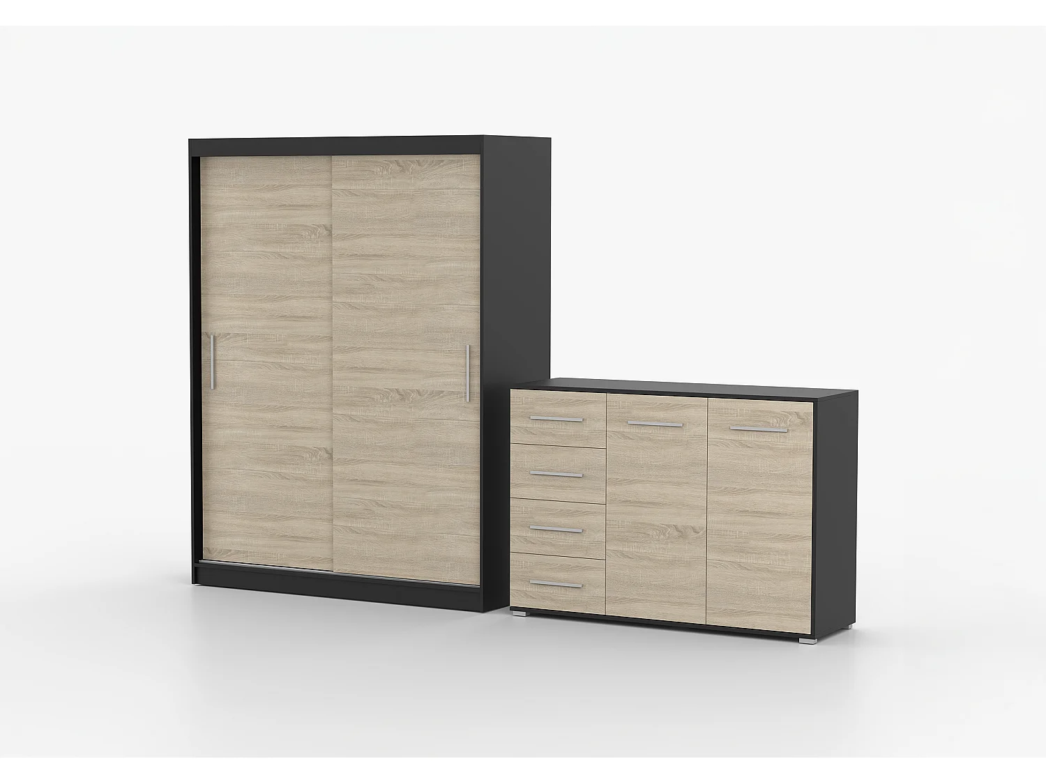 Ensemble armoire Elsinore et commode Ilario - Noir - Chêne