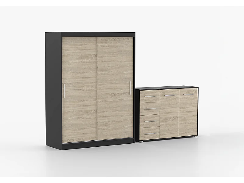 Ensemble armoire Elsinore et commode Ilario - Noir - Chêne