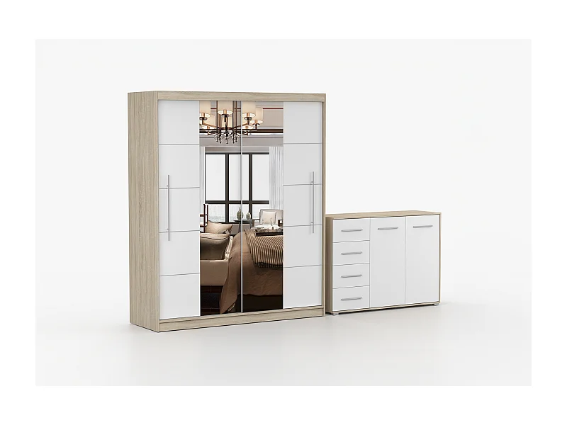 Ensemble armoire Orelia et commode Ilario avec miroir - Chêne - Blanc
