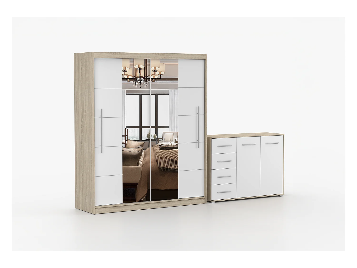 Ensemble armoire Orelia et commode Ilario avec miroir - Chêne - Blanc