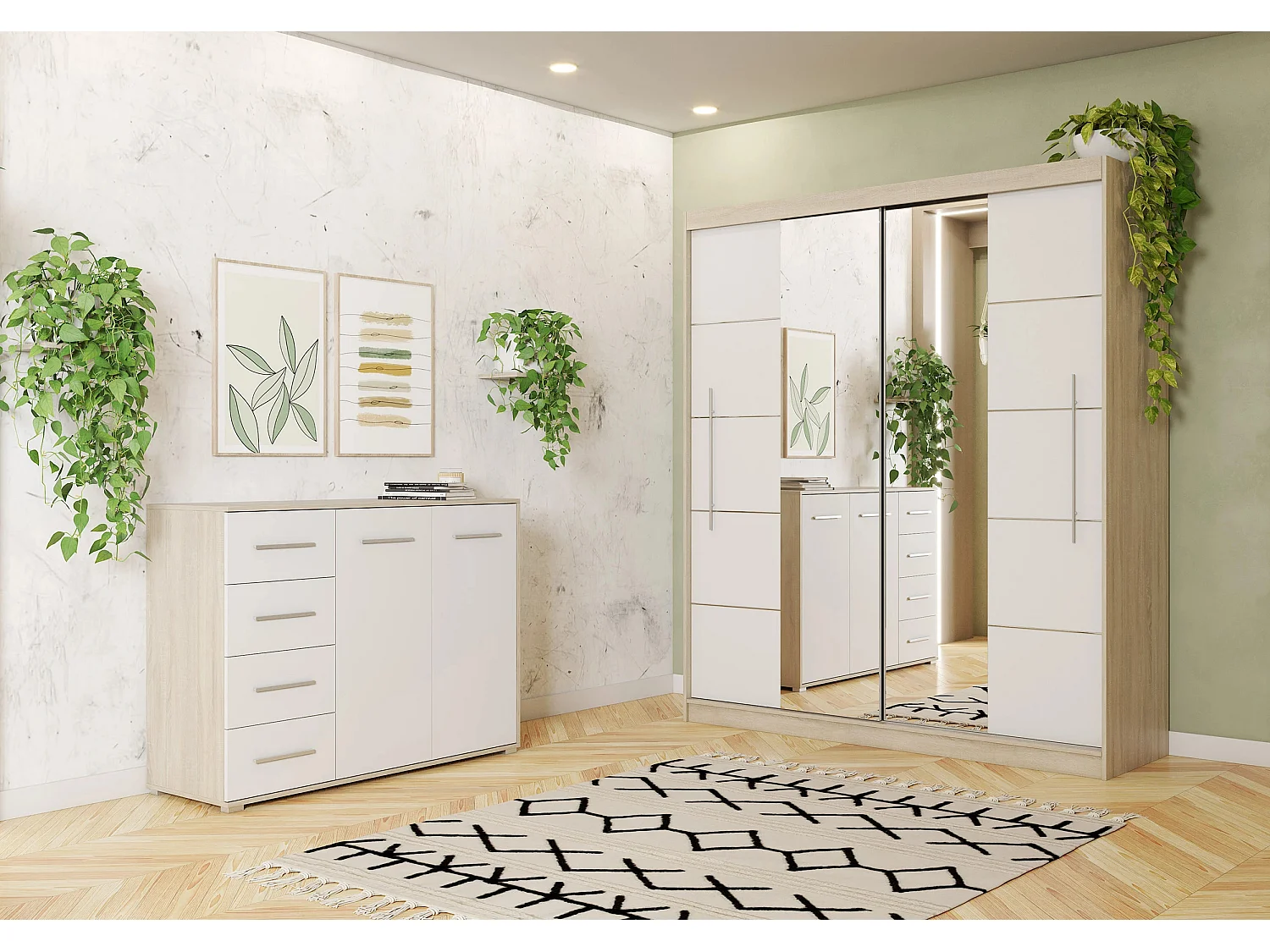 Ensemble armoire Orelia et commode Ilario avec miroir - Chêne - Blanc