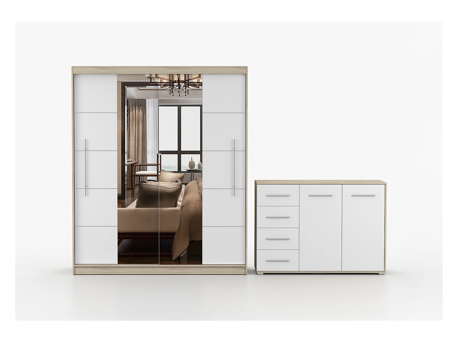 Ensemble armoire Orelia et commode Ilario avec miroir - Chêne - Blanc