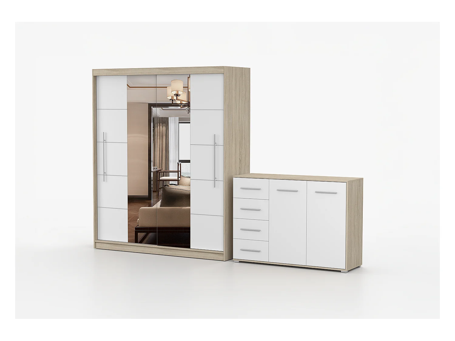 Ensemble armoire Orelia et commode Ilario avec miroir - Chêne - Blanc