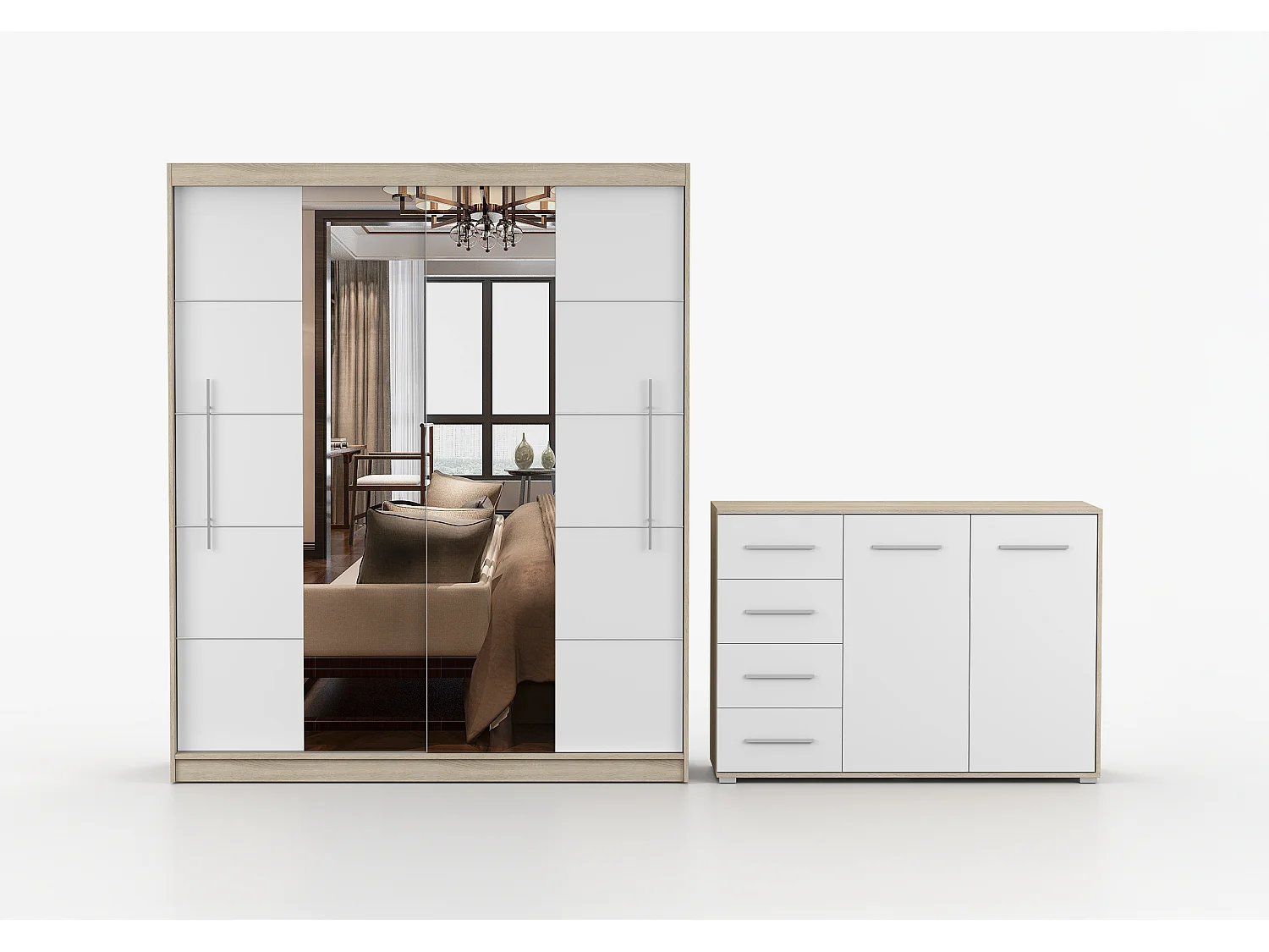 Ensemble armoire Orelia et commode Ilario avec miroir - Chêne - Blanc