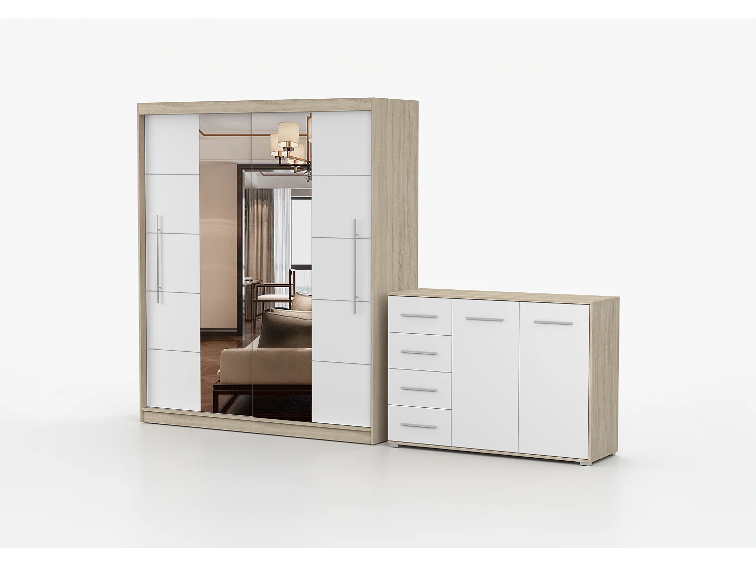 Ensemble armoire Orelia et commode Ilario avec miroir - Chêne - Blanc