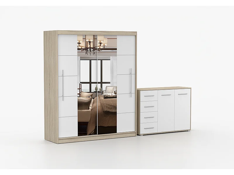 Ensemble armoire Orelia et commode Ilario avec miroir - Chêne - Blanc