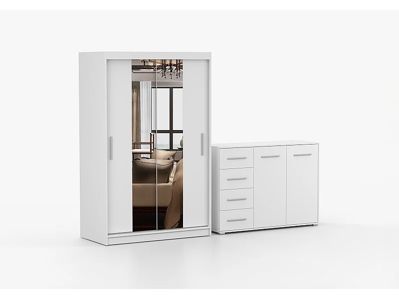 Ensemble armoire Danae et commode Ilario avec miroir - Blanc