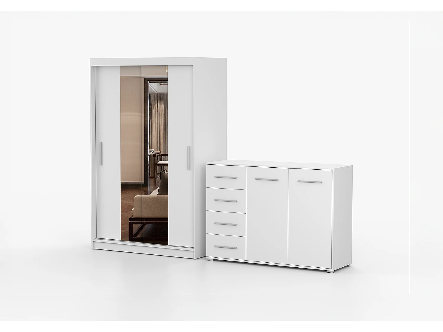 Ensemble armoire Danae et commode Ilario avec miroir - Blanc