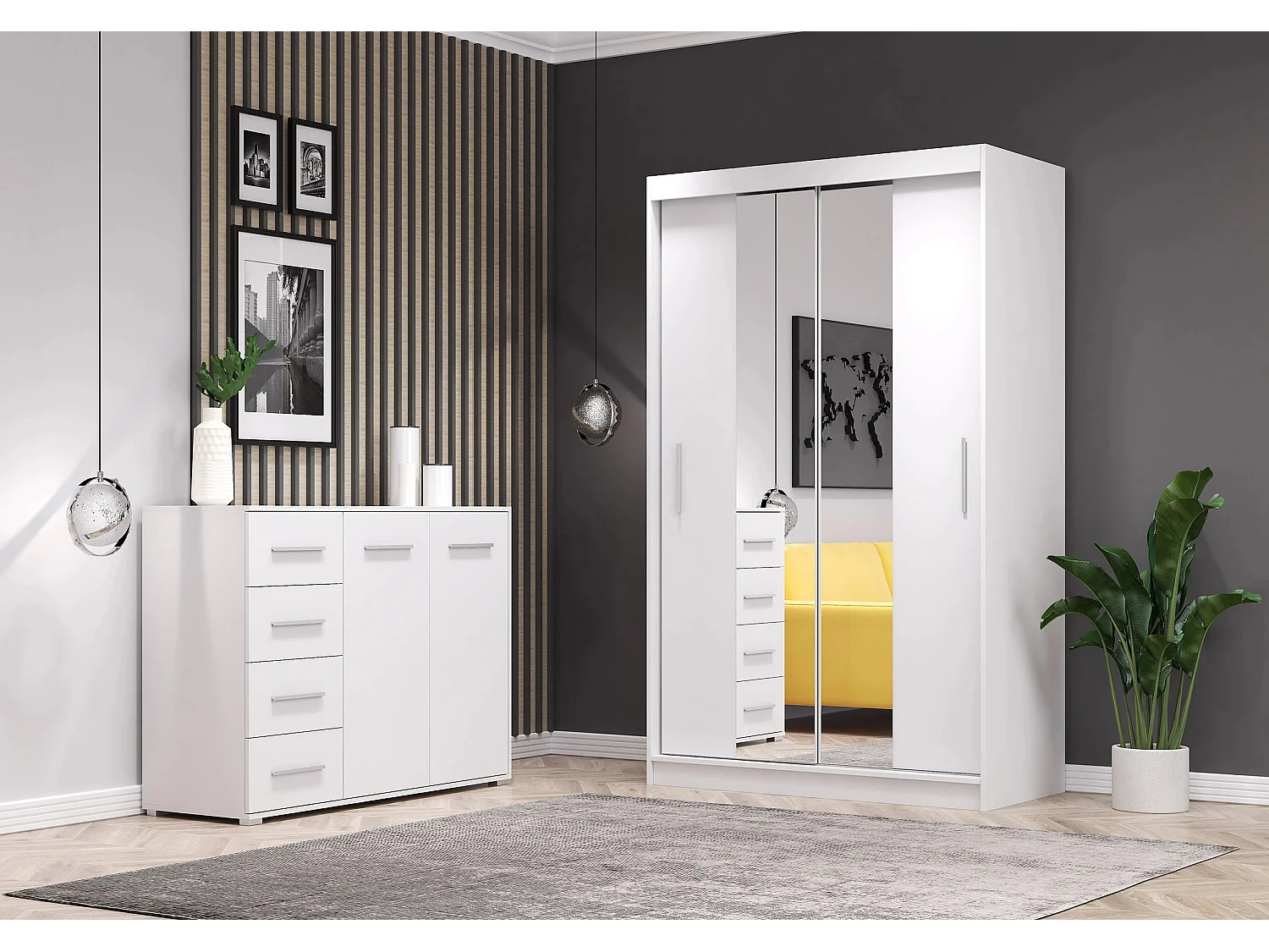 Ensemble armoire Danae et commode Ilario avec miroir - Blanc