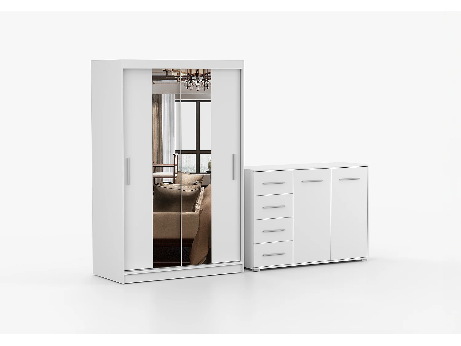 Ensemble armoire Danae et commode Ilario avec miroir - Blanc