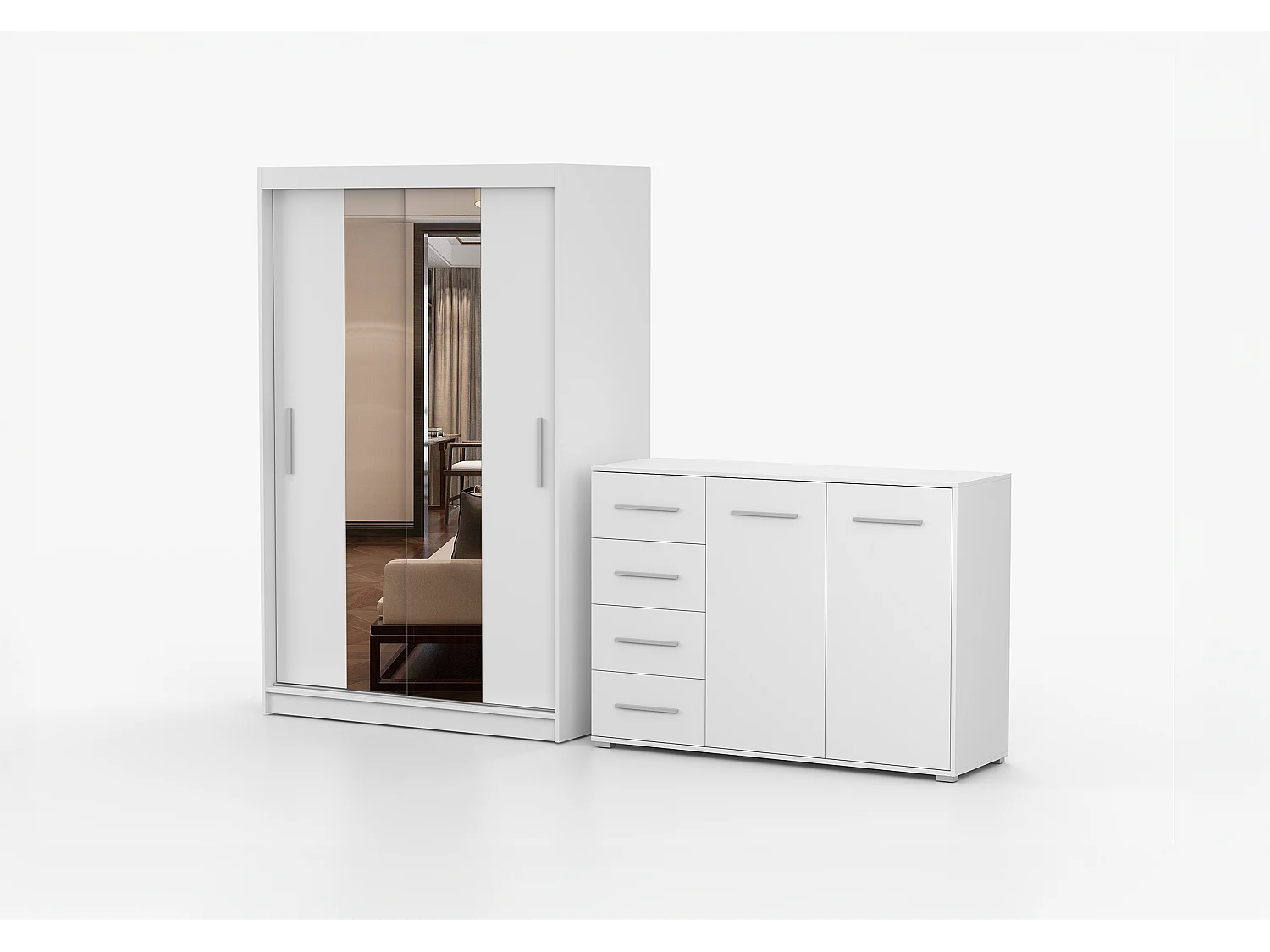 Ensemble armoire Danae et commode Ilario avec miroir - Blanc