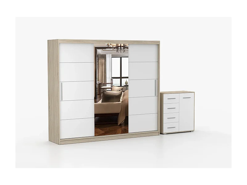 Ensemble armoire Theana et commode Ilario avec miroir - Chêne - Blanc