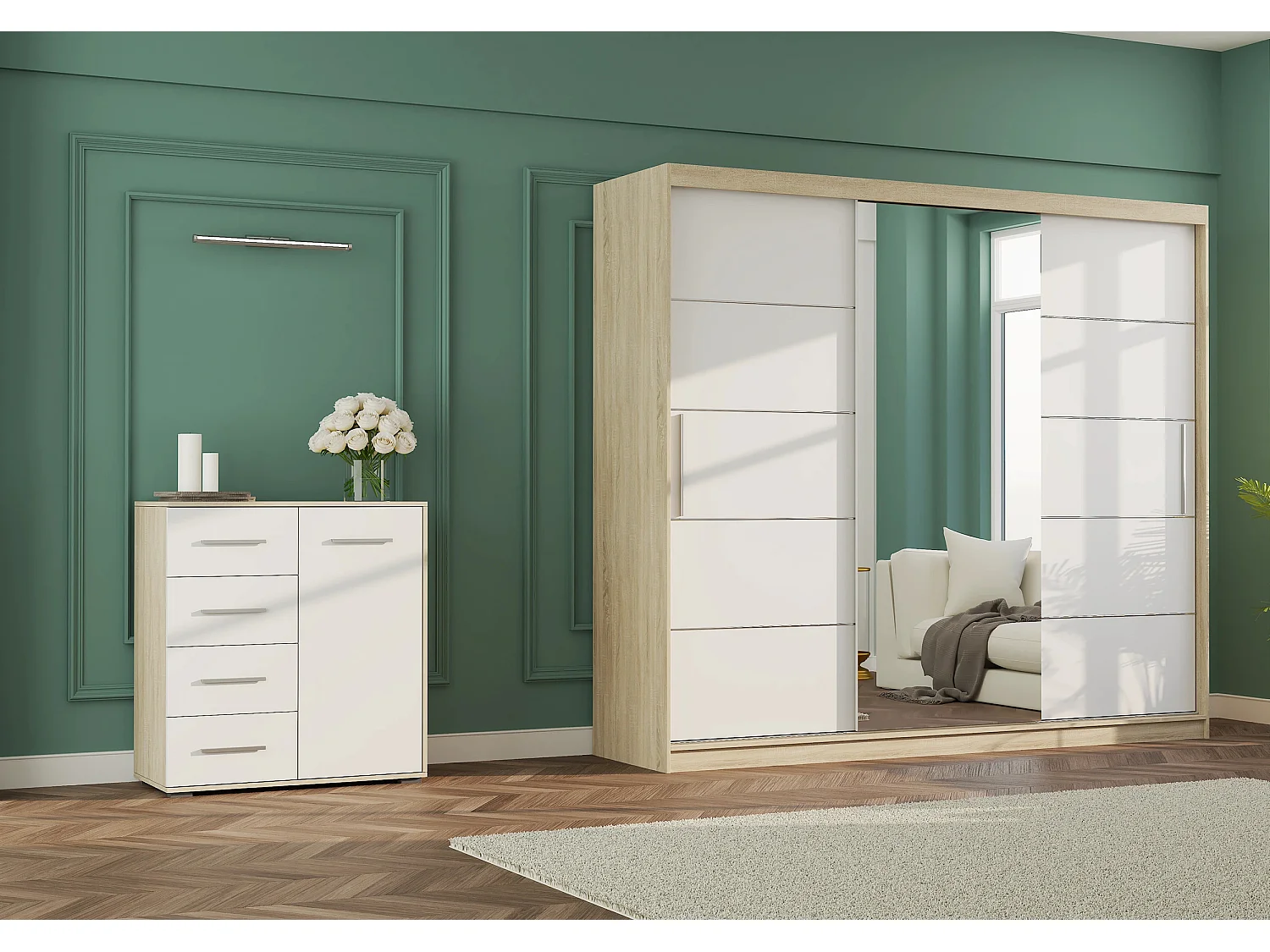 Ensemble armoire Theana et commode Ilario avec miroir - Chêne - Blanc