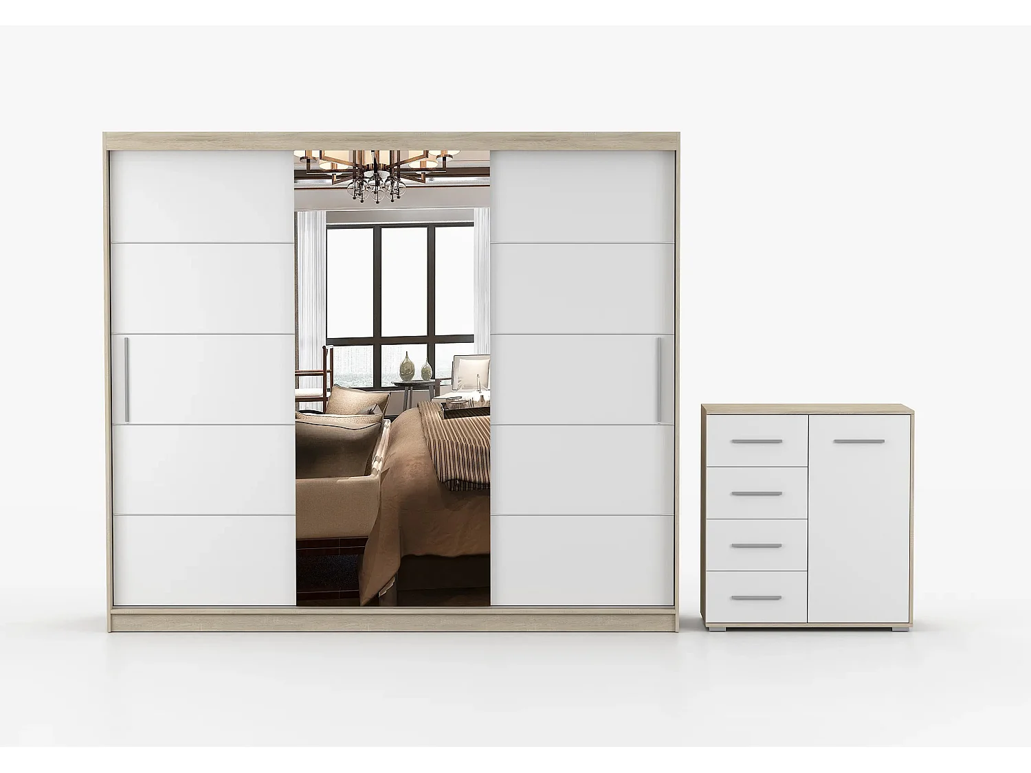 Ensemble armoire Theana et commode Ilario avec miroir - Chêne - Blanc