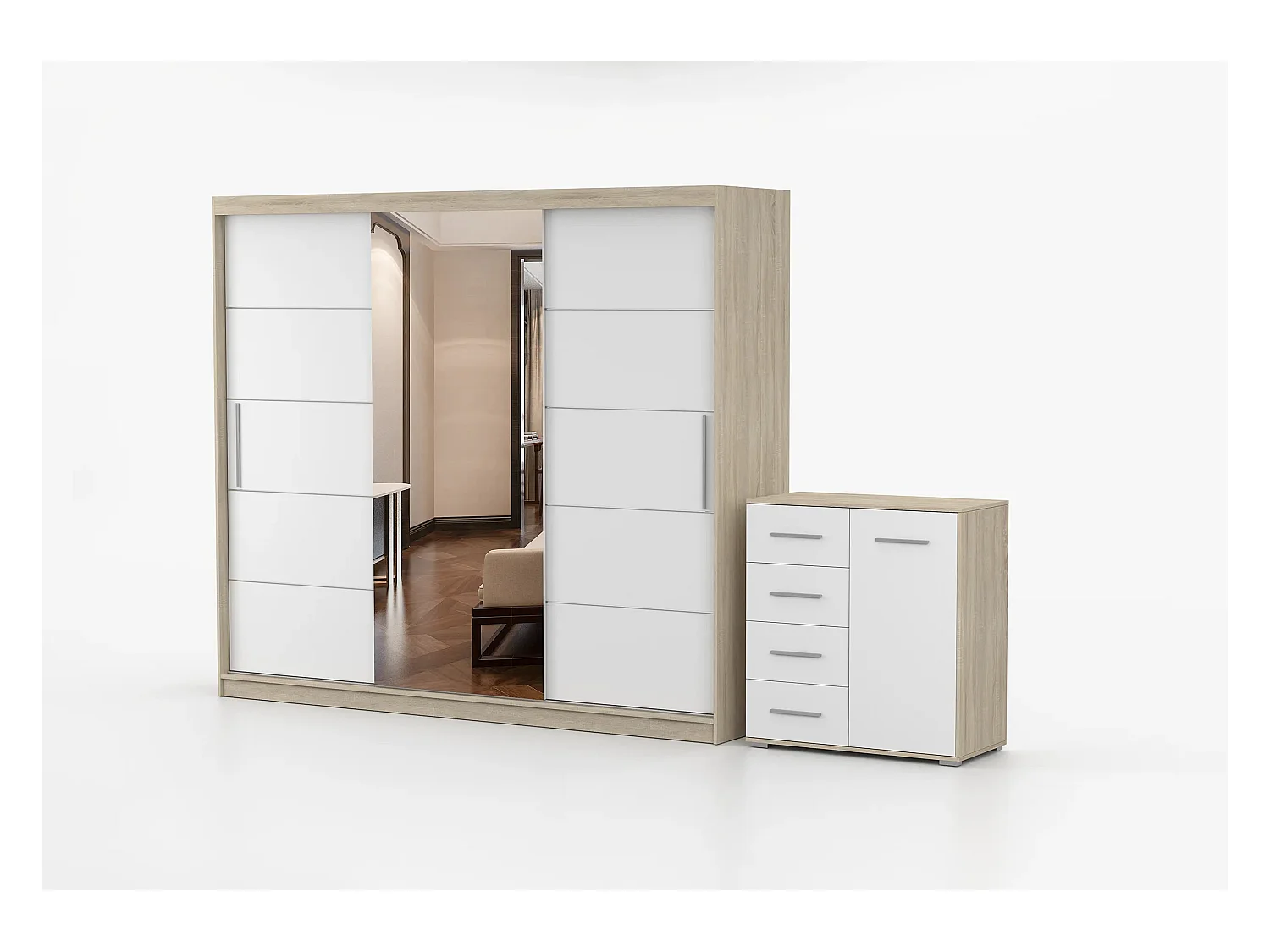 Ensemble armoire Theana et commode Ilario avec miroir - Chêne - Blanc