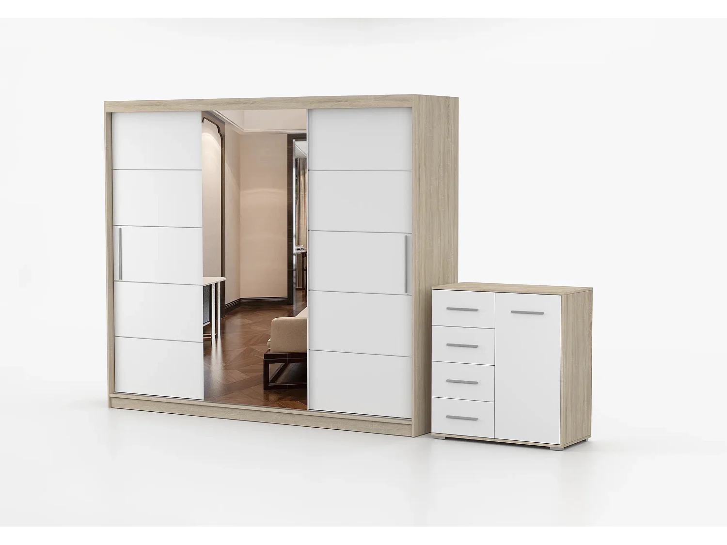 Ensemble armoire Theana et commode Ilario avec miroir - Chêne - Blanc