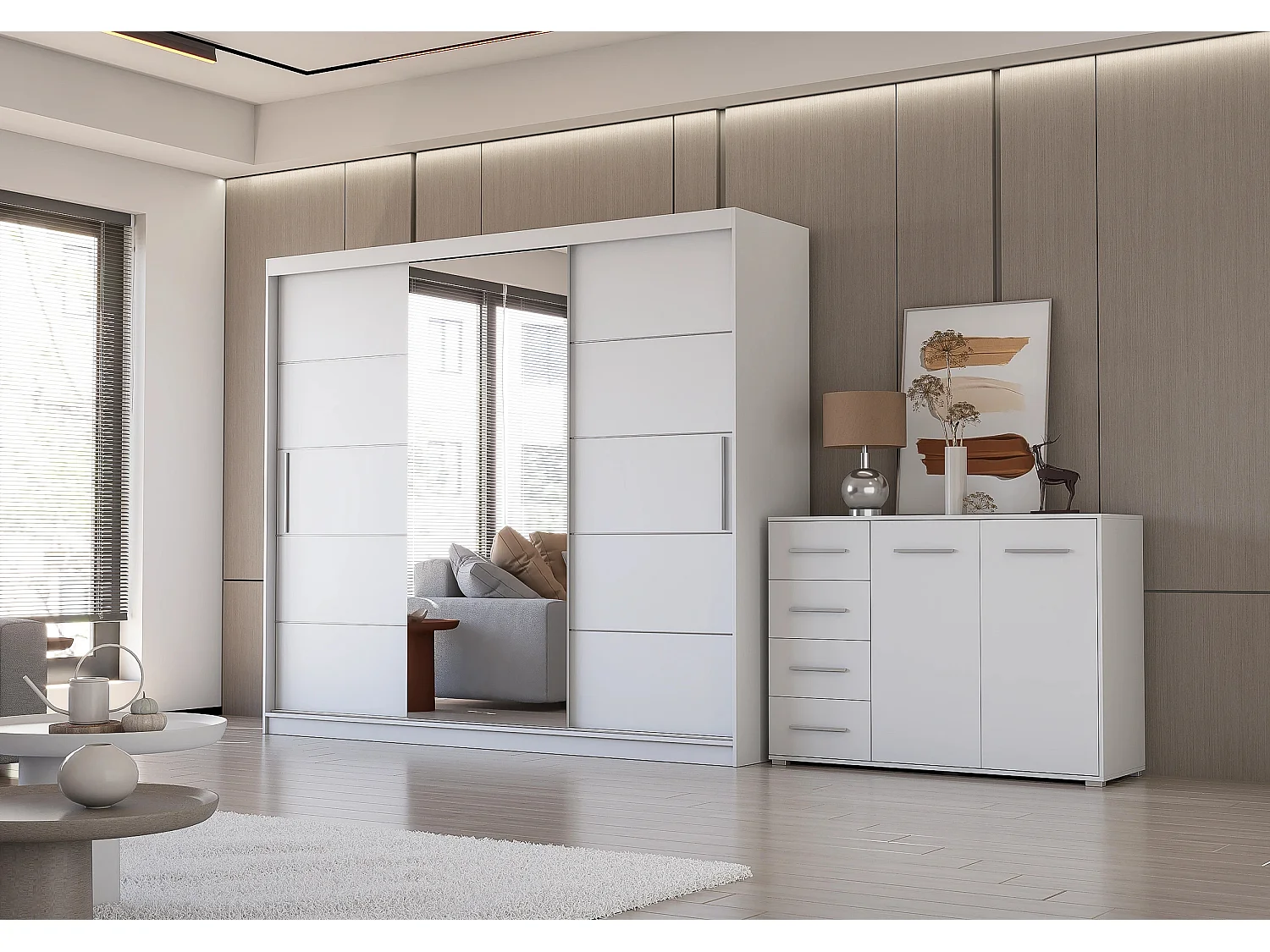 Ensemble armoire Theana et commode Ilario avec miroir - Blanc