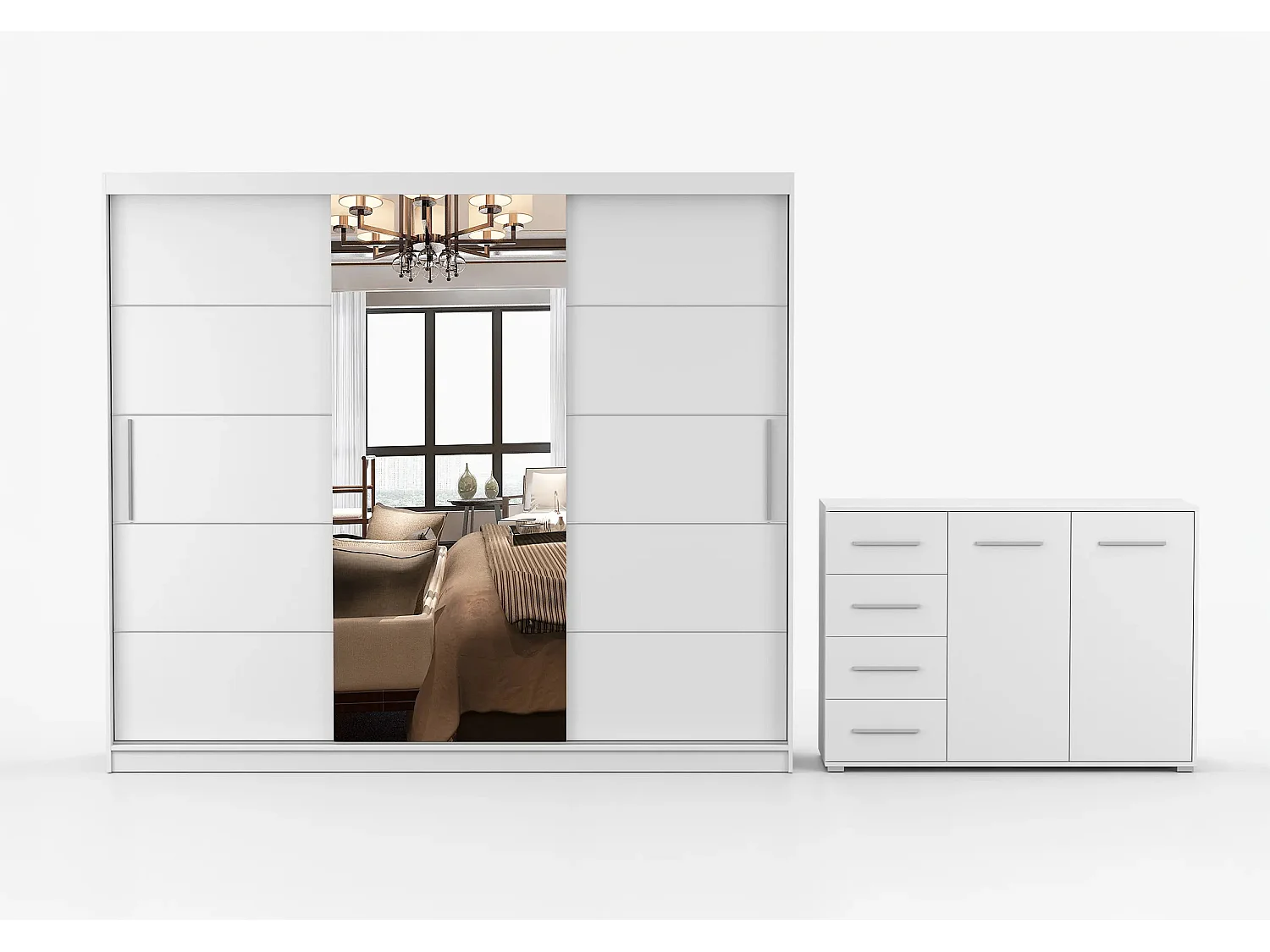 Ensemble armoire Theana et commode Ilario avec miroir - Blanc