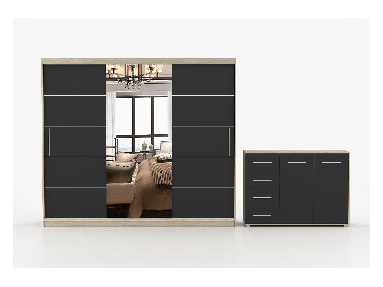 Ensemble armoire Theana et commode Ilario avec miroir - Chêne - Noir