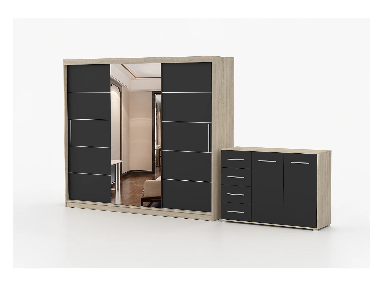 Ensemble armoire Theana et commode Ilario avec miroir - Chêne - Noir