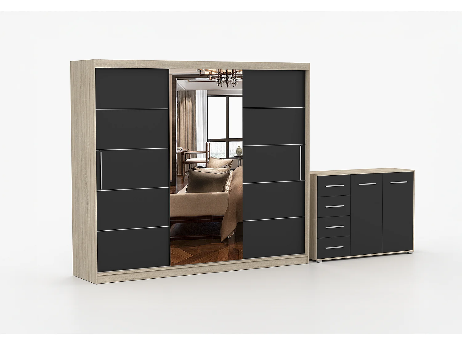 Ensemble armoire Theana et commode Ilario avec miroir - Chêne - Noir