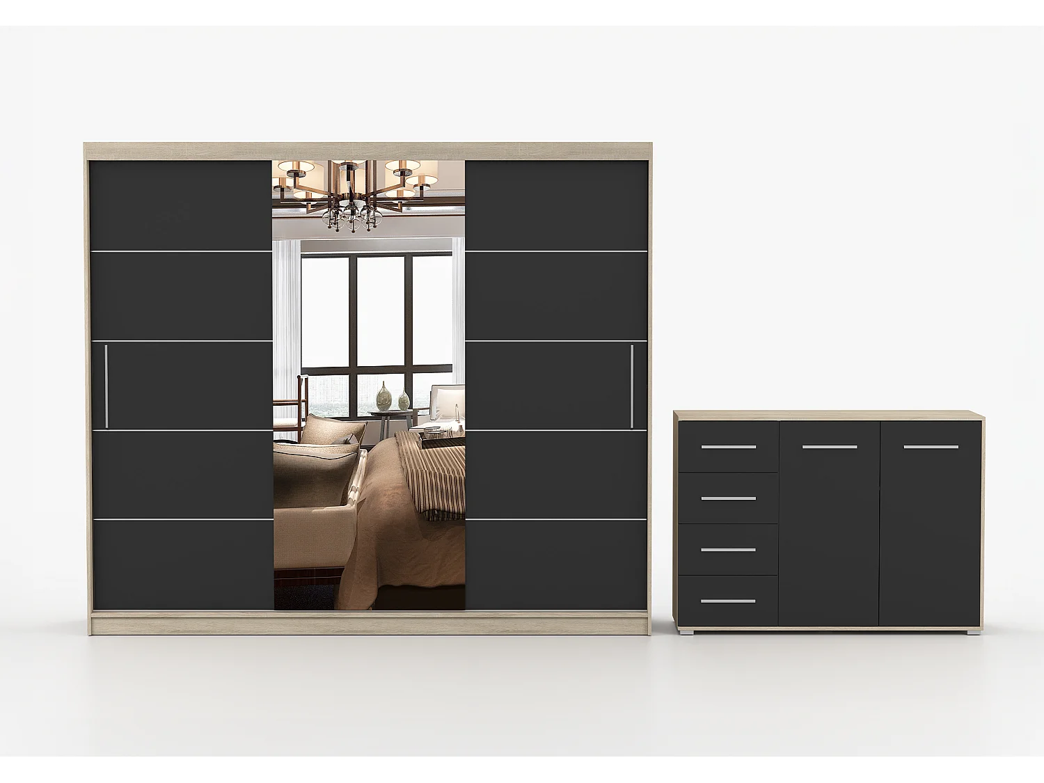 Ensemble armoire Theana et commode Ilario avec miroir - Chêne - Noir