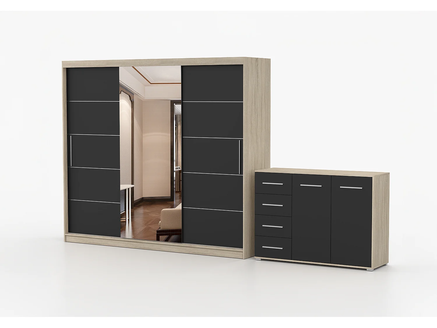 Ensemble armoire Theana et commode Ilario avec miroir - Chêne - Noir