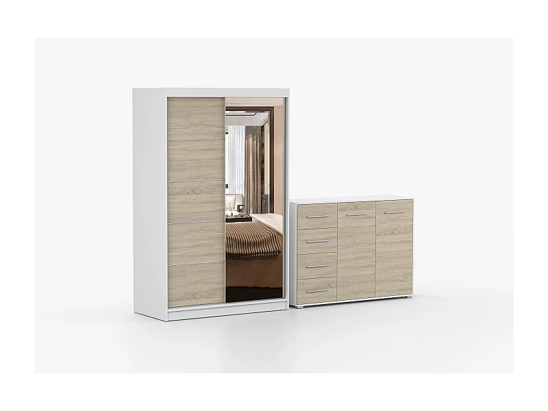 Ensemble armoire Syra et commode Ilario avec miroir - Blanc - Chêne