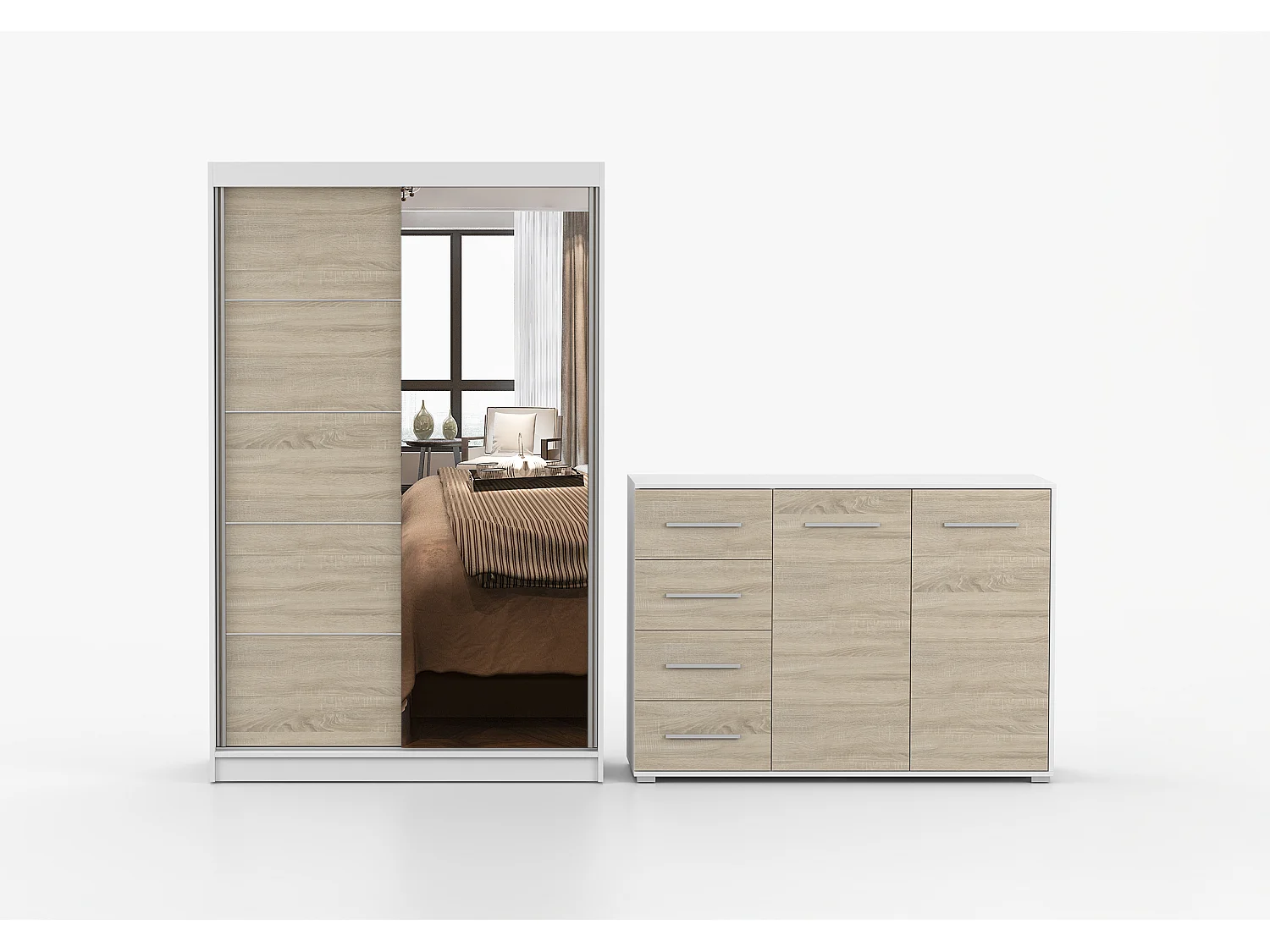 Ensemble armoire Syra et commode Ilario avec miroir - Blanc - Chêne