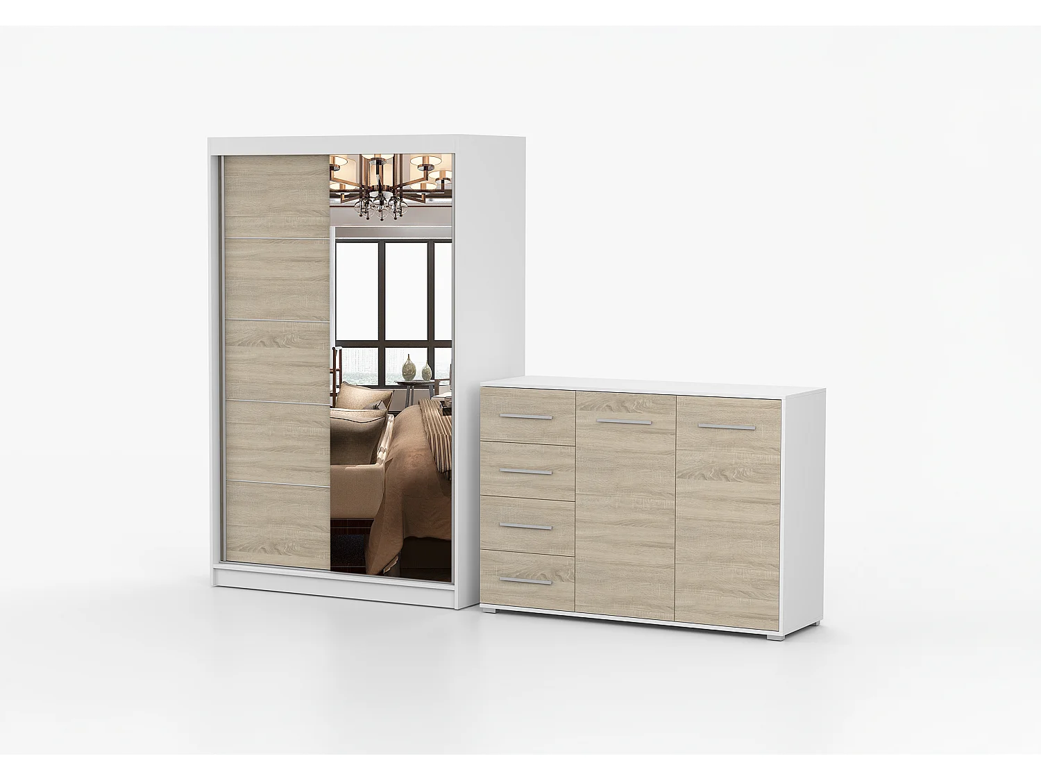 Ensemble armoire Syra et commode Ilario avec miroir - Blanc - Chêne