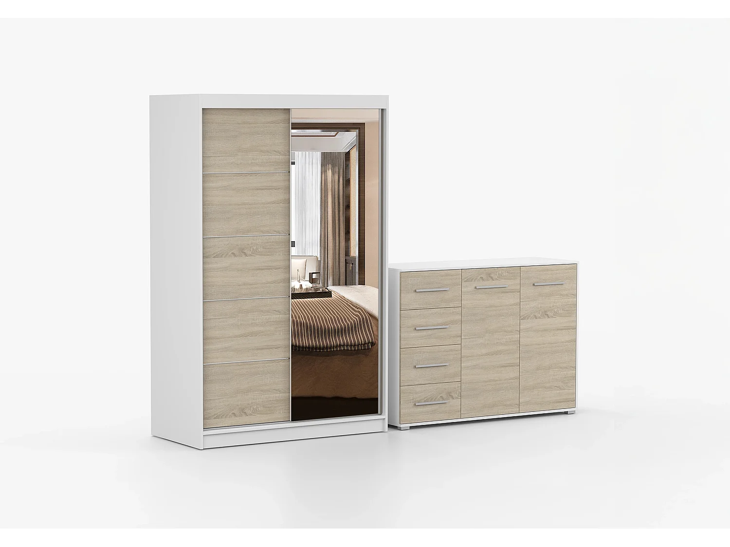 Ensemble armoire Syra et commode Ilario avec miroir - Blanc - Chêne